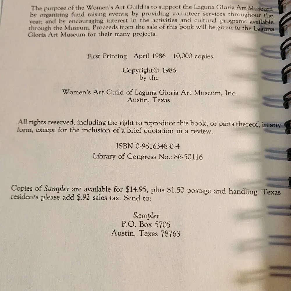 Sampler A Cookbook By The Womens Art Guild Of Laguna Gloria Art Museum First Ed